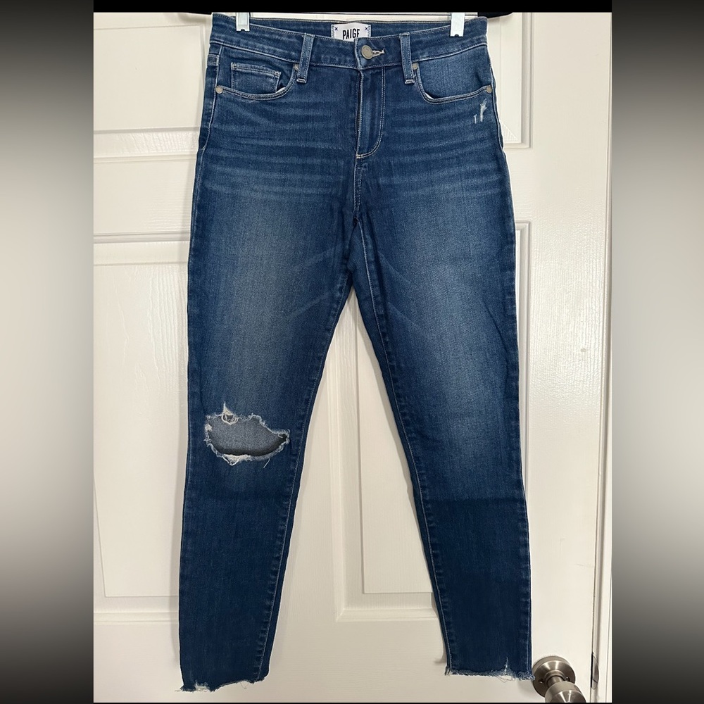 PAIGE Blue Skinny Jeans with Distressed Knee